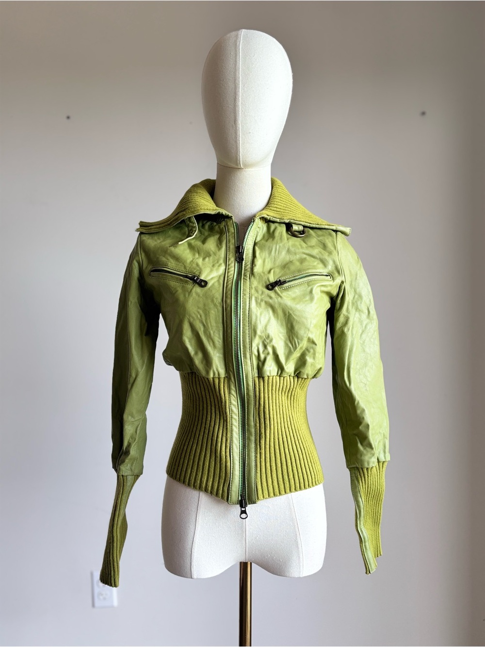 Las Pepas Green Leather Knit Bomber Jacket Argentina Y2K Moto Small